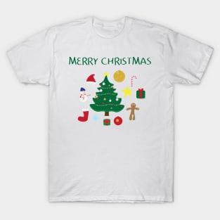 Christmas icons set and Merry Christmas greeting on white background T-Shirt